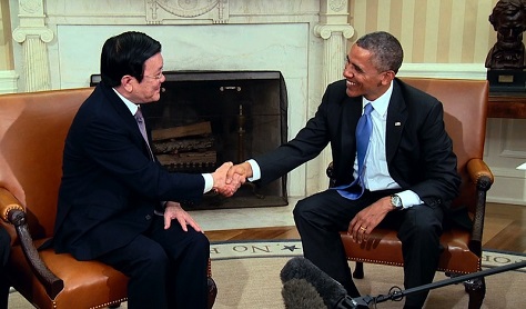 Vietnamese president Trương Tấn Sang met with US president Barack Obama at the White House in July 2015. (White House)