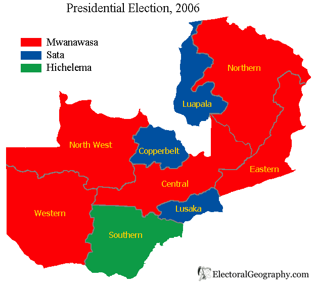 Results of the 2006 Zambian presidential election. (ElectoralGeography.com)